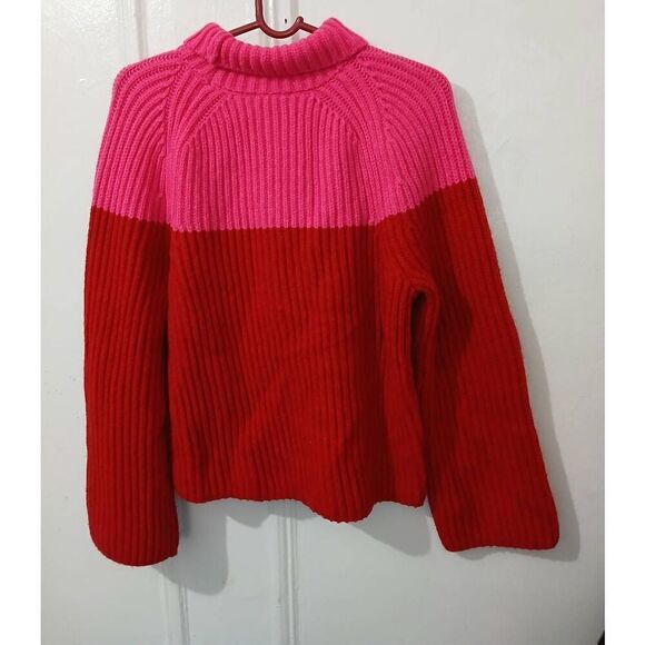 Ann Taylor women medium red pink soft ribbed knit mock neck sweater color block - Picture 4 of 6